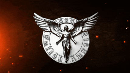 a fallen angels logo with a statue of a man with wings