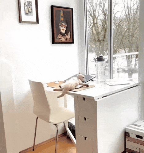 a cat is laying on a desk with a picture on the wall above it