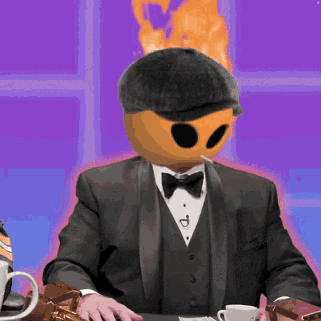 a man in a tuxedo smoking a cigarette with a fireball on his head