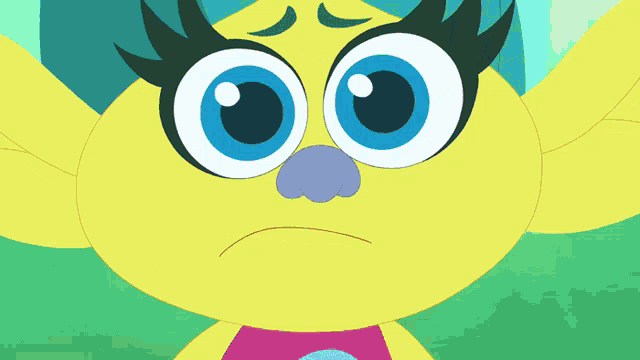 a cartoon character with big blue eyes and a pink bow