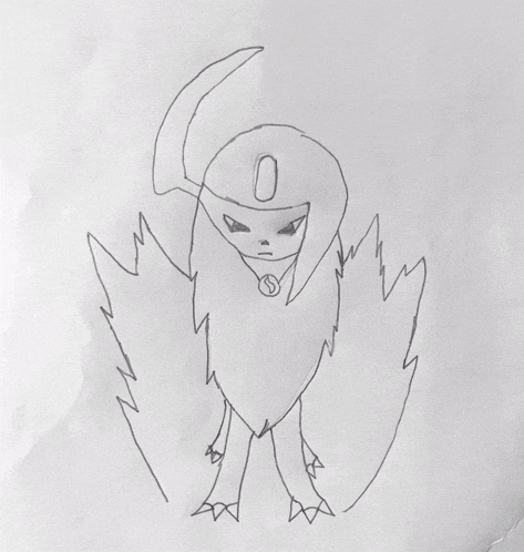 a drawing of a monster with wings and a circle around its neck