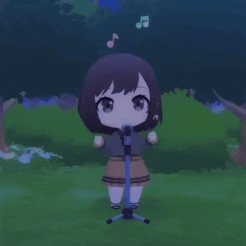 a little girl is singing into a microphone with a note above her head