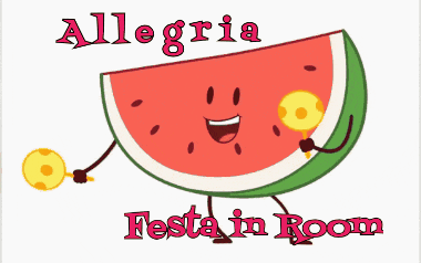 an illustration of a watermelon with the words alegria festa in room written below it