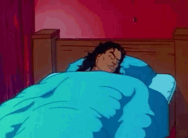 a cartoon of a man sleeping in a bed with a blue comforter
