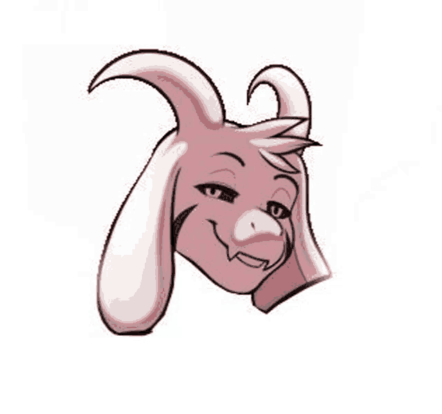 a cartoon drawing of a pink goat with horns and a smile on its face .