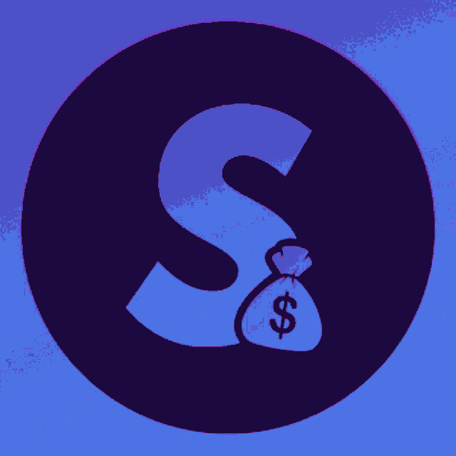 a black circle with a letter s and a bag of money with a dollar sign on it