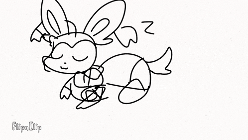 a black and white drawing of a rabbit sleeping on a white surface .