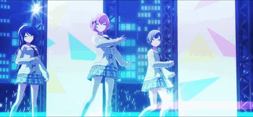 three anime girls are dancing on a stage with a city in the background