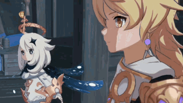 a couple of anime characters looking at each other