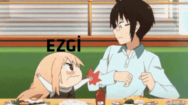 a man and a girl are sitting at a table with a bottle of ketchup and the word ezgi on the bottom