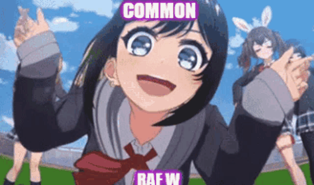 a girl in a school uniform is standing in front of a sign that says common rafw .