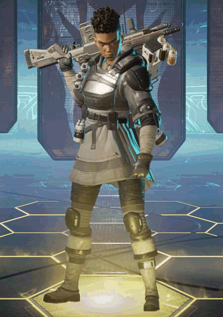 a man holding a rifle with the letter r on the back of it