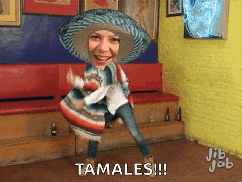 a woman wearing a sombrero and a poncho is dancing with the word tamales written below her