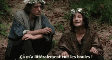 two men wearing flower crowns sit next to each other with the caption ca m 'a litteraement cuit les boules !