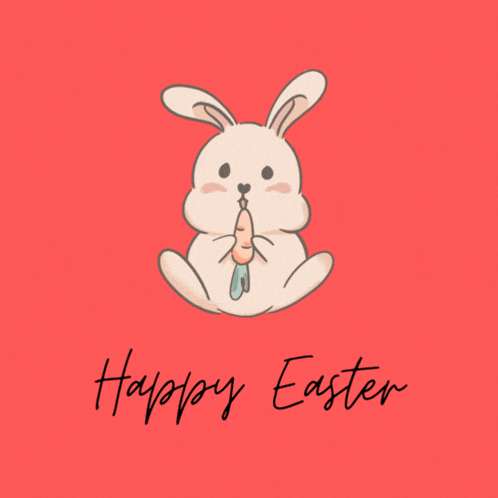 a happy easter greeting card with a bunny holding an easter egg
