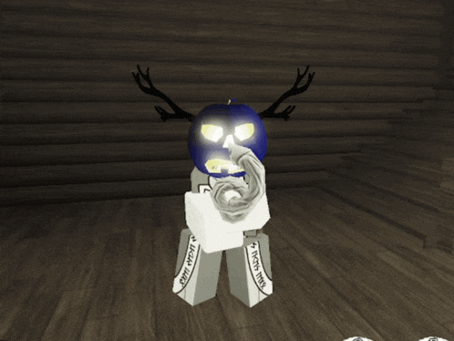 a cartoon character with a blue mask and antlers is holding a white object