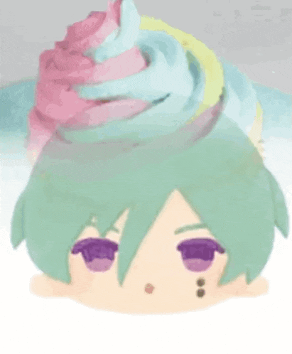 a cartoon character with green hair and purple eyes is being poured into a cupcake with icing on it .