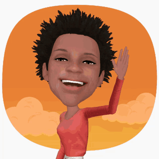 a cartoon of a woman waving her hand in front of a cloudy sky