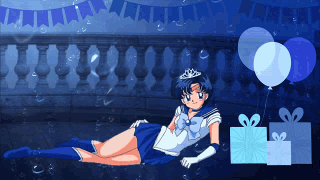 a girl in a sailor suit is laying on the ground with balloons and gifts