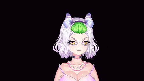 a girl with glasses and a butterfly headband has a green flower in her hair