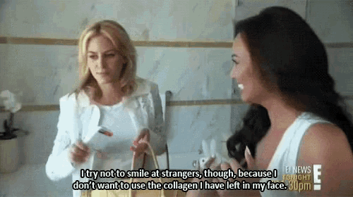 a woman talking to another woman with the words " i try not to smile at strangers though "