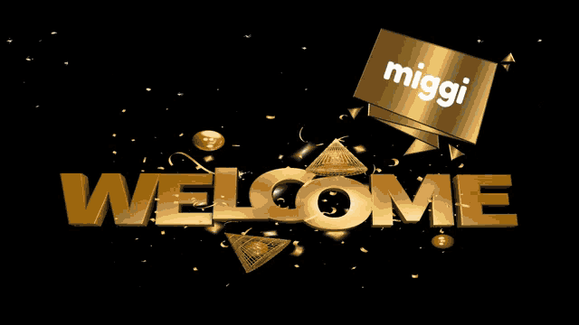 a black background with a gold sign that says miggi on it