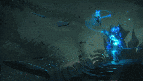 a person holding a sword in front of a blue light