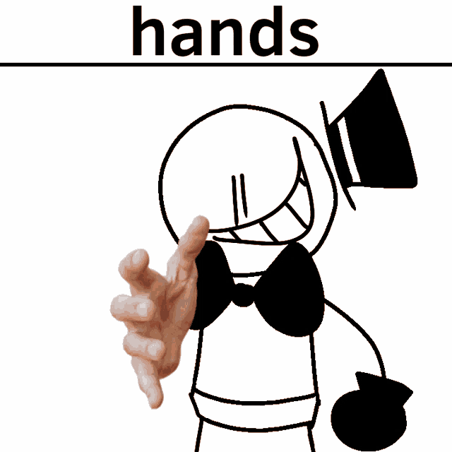 a person 's hand is pointing at a drawing of a stick figure with the word hands below it