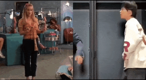 a man and a woman are standing next to each other in a room in front of lockers .