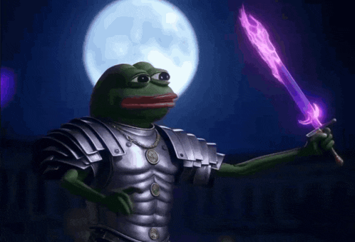 a frog in armor holding a purple sword
