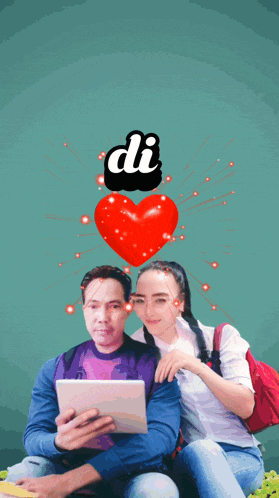 a man and a woman are looking at a tablet with a heart above them that says " di "