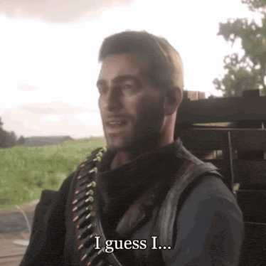 a man in a leather vest is saying i guess i