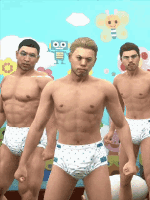 a group of men wearing diapers are standing in front of a wall with a robot on it