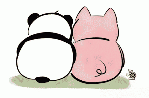 a panda bear and a pink cat are hugging each other in the grass