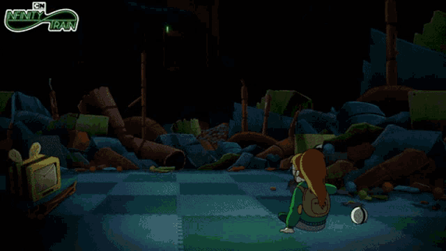 a cartoon of a girl sitting in front of a door that says infinity train on it