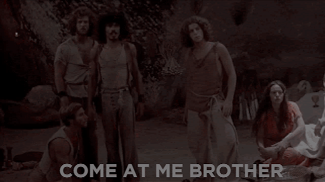 a group of people standing next to each other with the words come at me brother