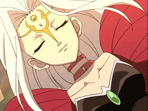 a cartoon character with white hair and a necklace with a green stone