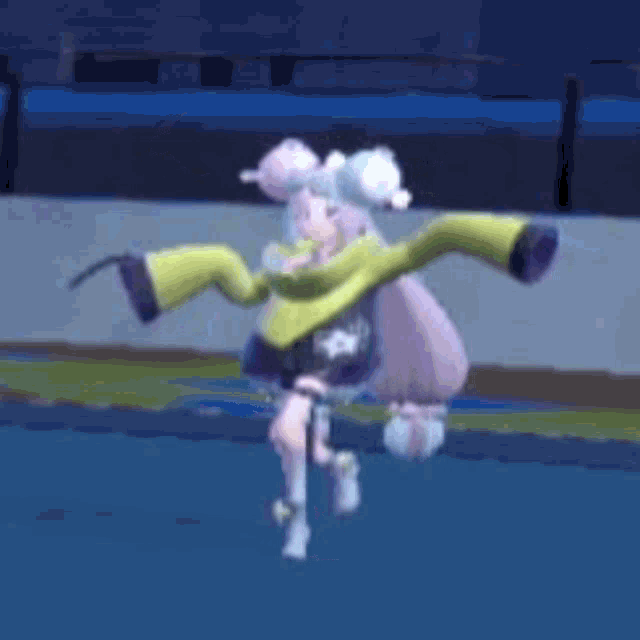 a cartoon girl is dancing on a blue ice rink .