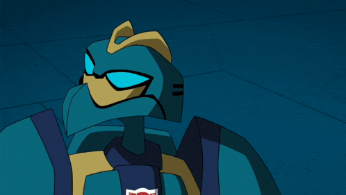 a cartoon character with a blue and yellow helmet and blue eyes