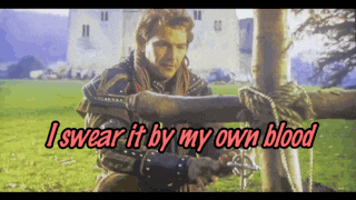 a man holding a sword in a field with the words i swear it by my own blood