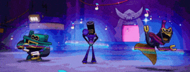a group of cartoon characters are dancing in a room with music notes hanging from the ceiling