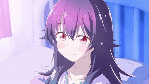a girl with purple hair and red eyes is laying in bed