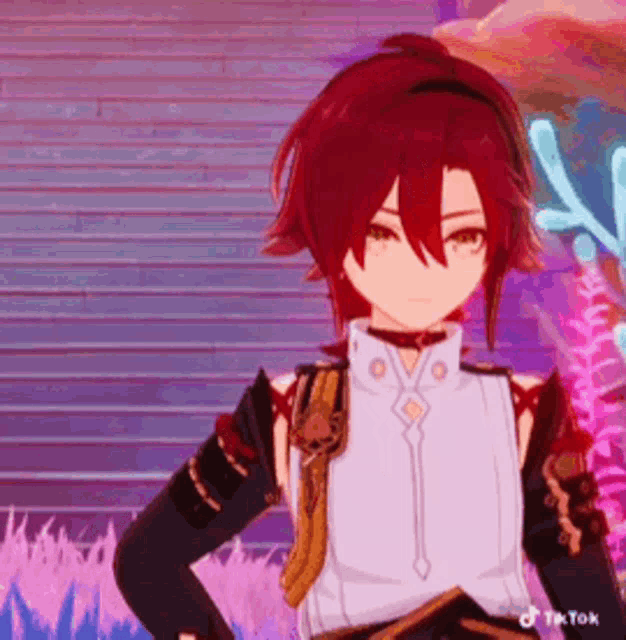 a cartoon character with red hair and a white shirt is standing in front of a purple wall .