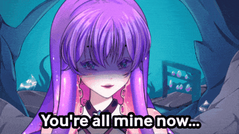 a purple haired anime girl with the words you 're all mine now
