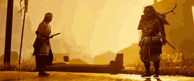 two samurai are standing next to each other in a field .