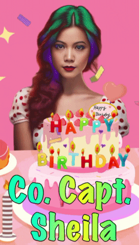 a woman with green hair stands in front of a birthday cake that says happy birthday