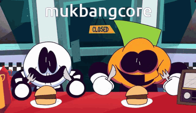 two cartoon characters are sitting at a table with a closed sign above them