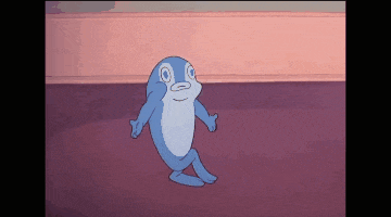 a blue cartoon character is standing on a purple floor