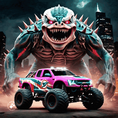 a monster truck with a miami dolphins logo on it