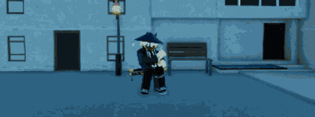 a person standing in front of a building wearing a hat and holding a sword